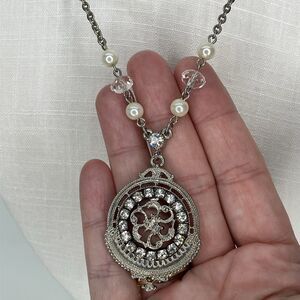 1928 Jewelry Medallion Pendant Necklace Pearls Silver Tone Victorian Revival